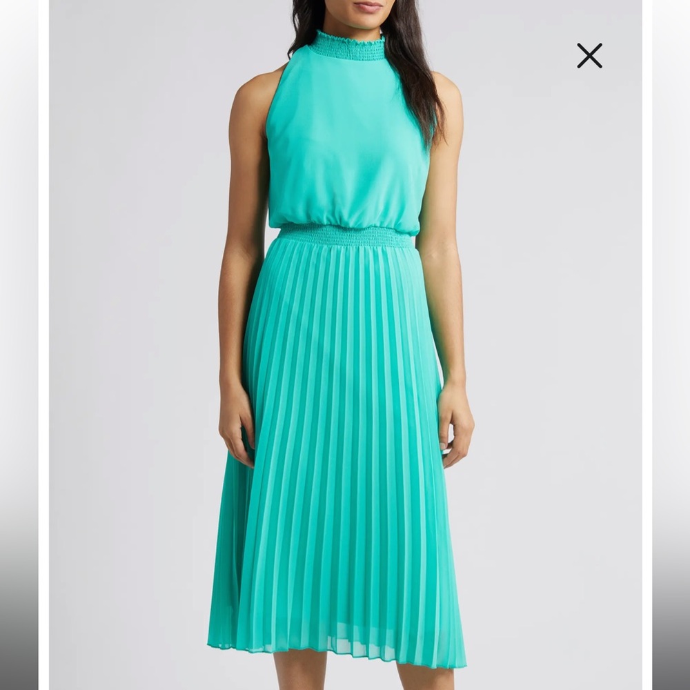 NWT Sam Edelman Teal Pleated Smocked Plissé Sleeveless Midi Dress size 2